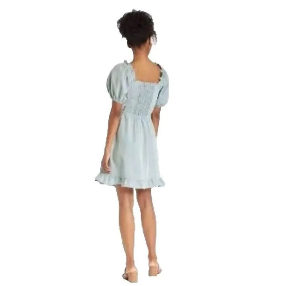 Who What Wear Women's Dress Small Chambray Twill Puff Sleeve Mini Ruffle Hem NWT
